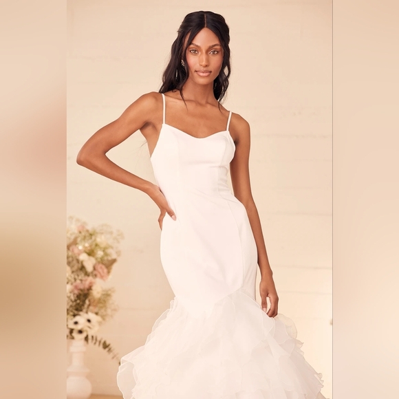 Lulus Extravagance White Ruffled Organza Mermaid Maxi Dress 4 Wedding Bridal - Picture 3 of 11